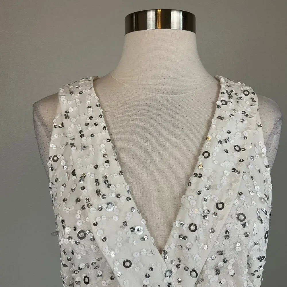Adrianna Papell Sequin Sleeveless Sheath Cocktail Dress White and Silver Size 8 - Picture 8 of 13